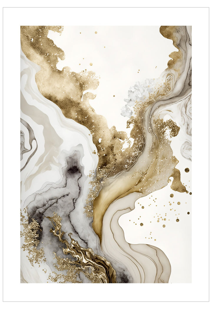 Abstract art print with gold and gray marbled design on a white background
