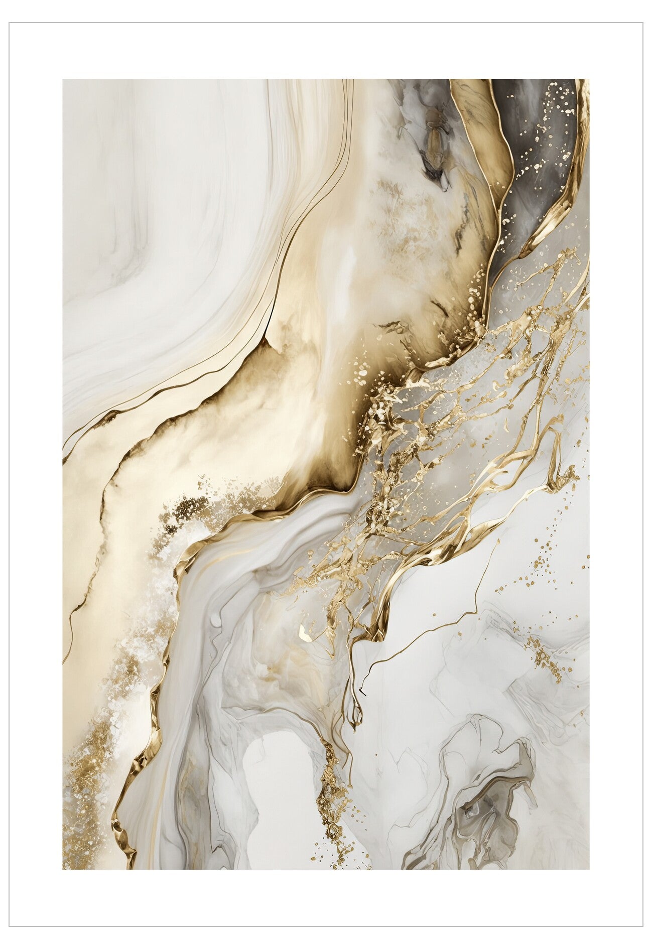 Abstract art print with gold and gray marbled design on a white background
