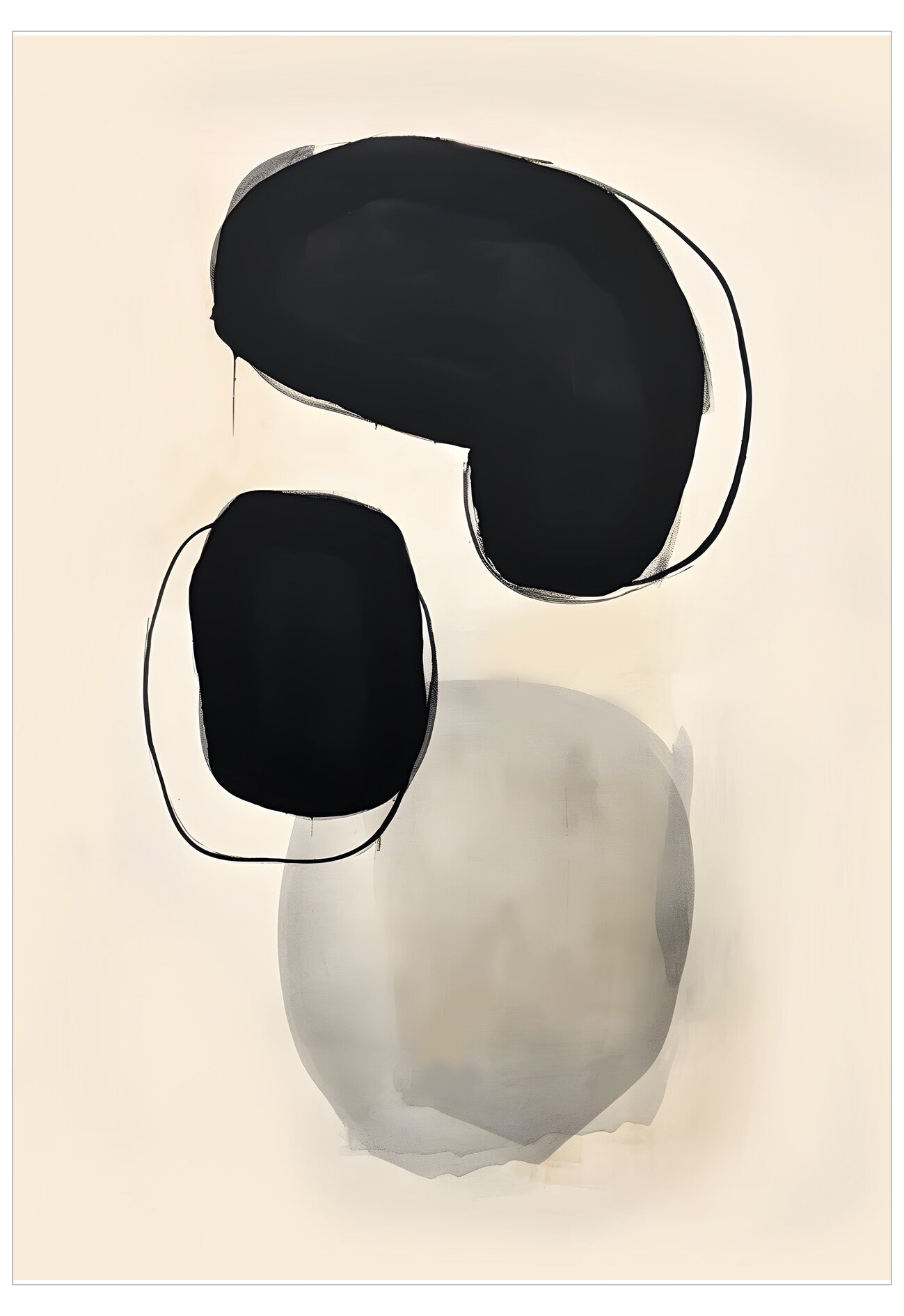Abstract art with black and gray shapes on a beige background