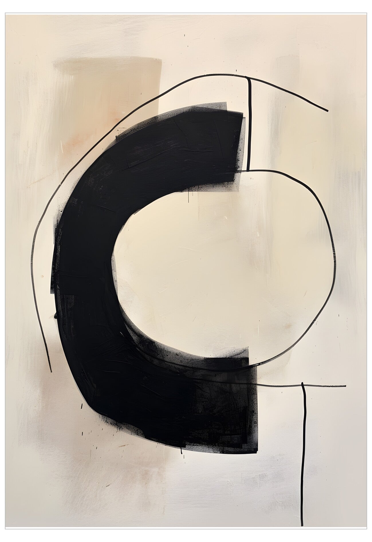 Abstract art piece with black and white shapes on a beige background