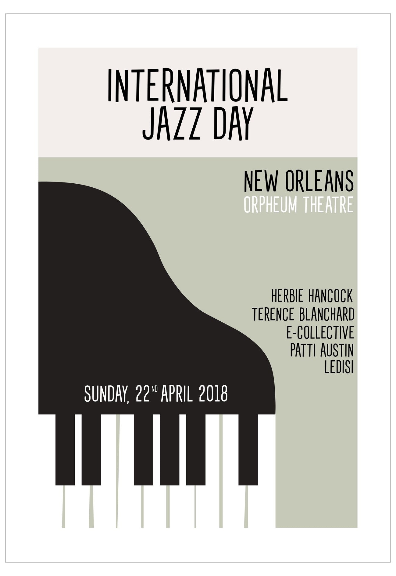 Promotional poster for International Jazz Day at New Orleans Orpheum Theatre with a piano silhouette.