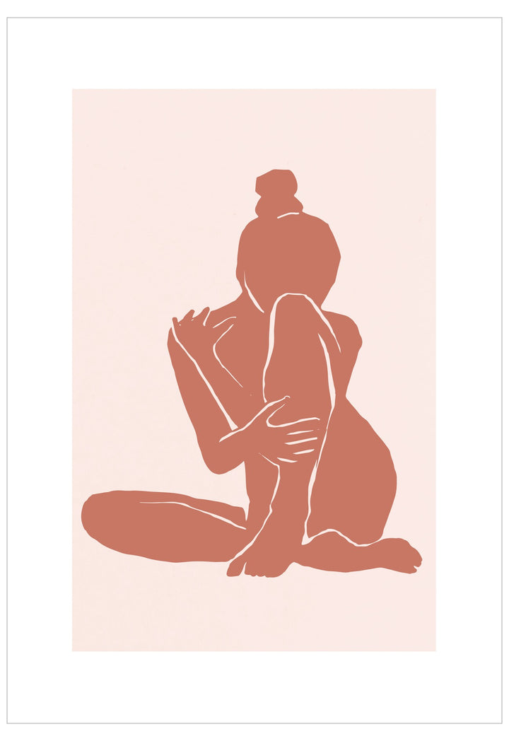 Simplified line drawing of a person in a sitting pose on a pink background