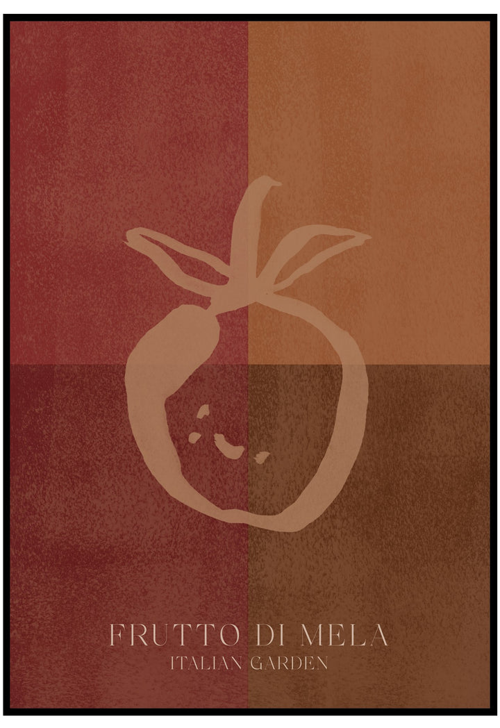 Poster with a stylized apple design on a checkered red and brown background, featuring the text 'Frutto di Mela Italian Garden'.