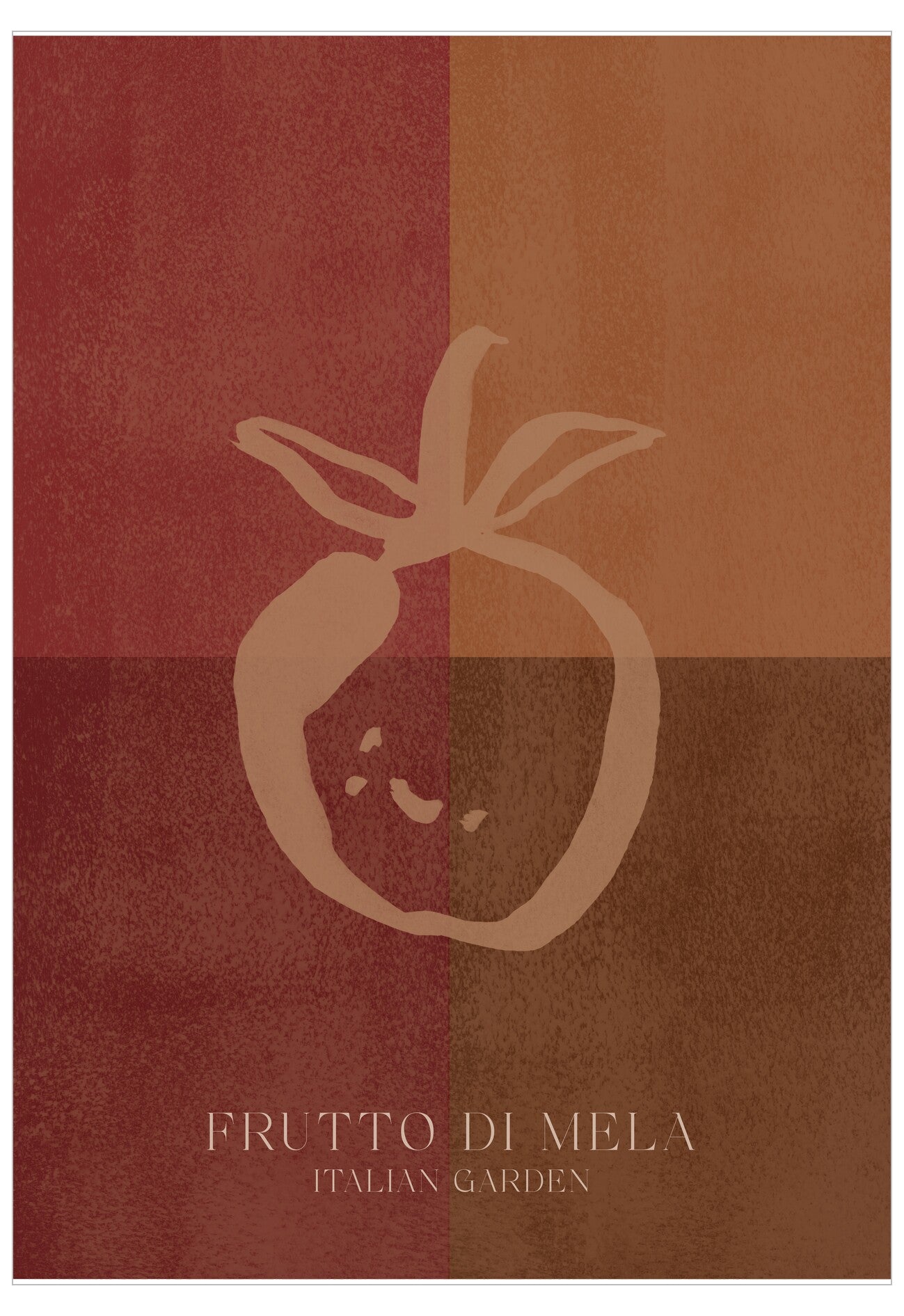 Silhouette of a pomegranate on a checkered red and brown background with 'Frutto di Mela Italian Garden' text.