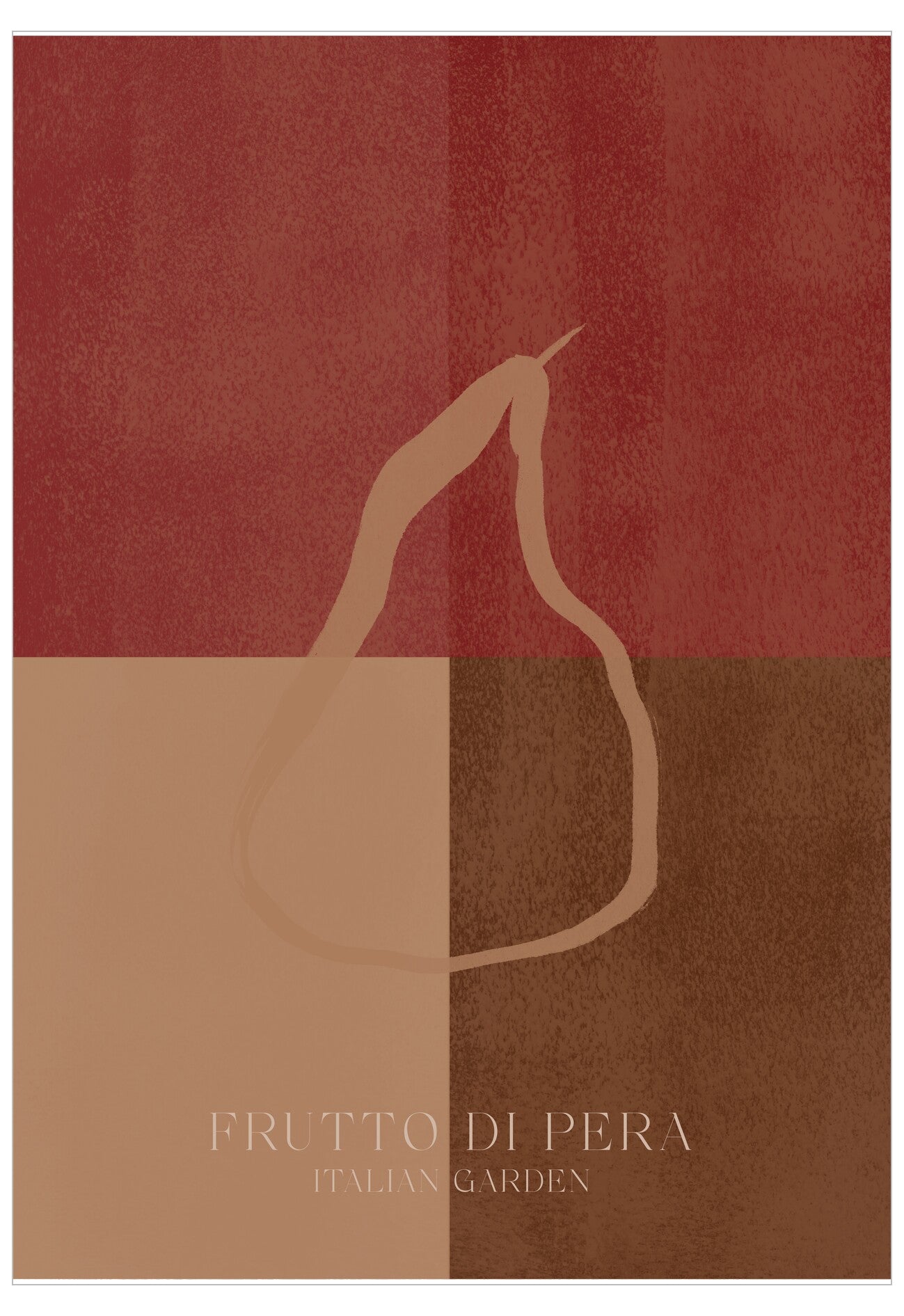 Abstract design of a pear on a two-tone red and brown background with 'Frutto di Pera Italian Garden' text.