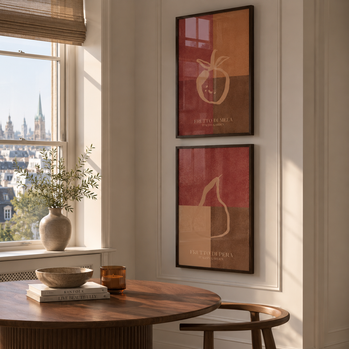 Deep Red and Beige abstract fruit posters in stylish london apartment