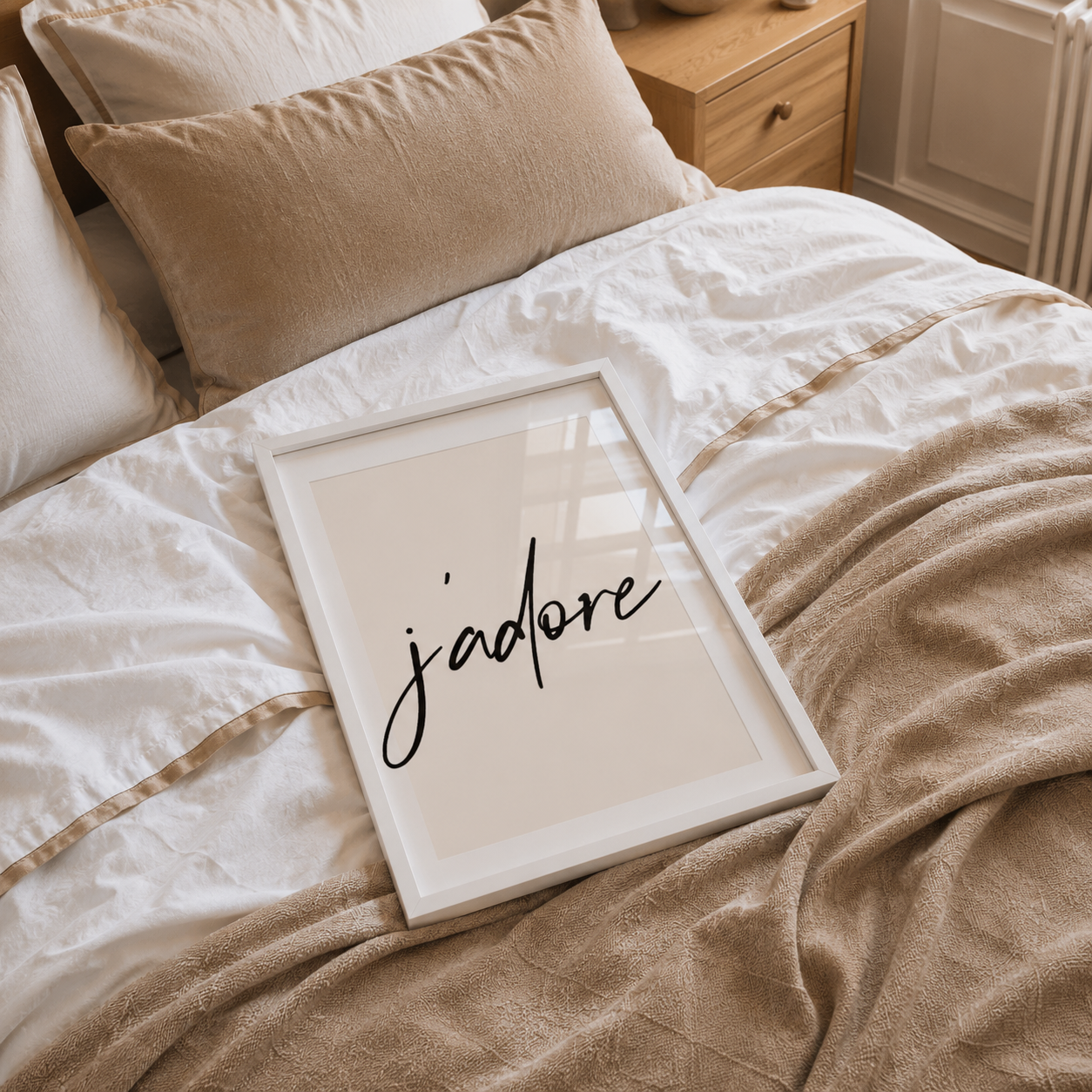 Framed artwork with 'jádore' on a bed with beige and white bedding.