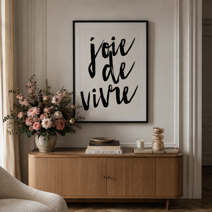 A framed wall art print with the French phrase “joie de vivre” in black script on a white background, hanging above a light wood console table in a styled interior room with flowers and decor.