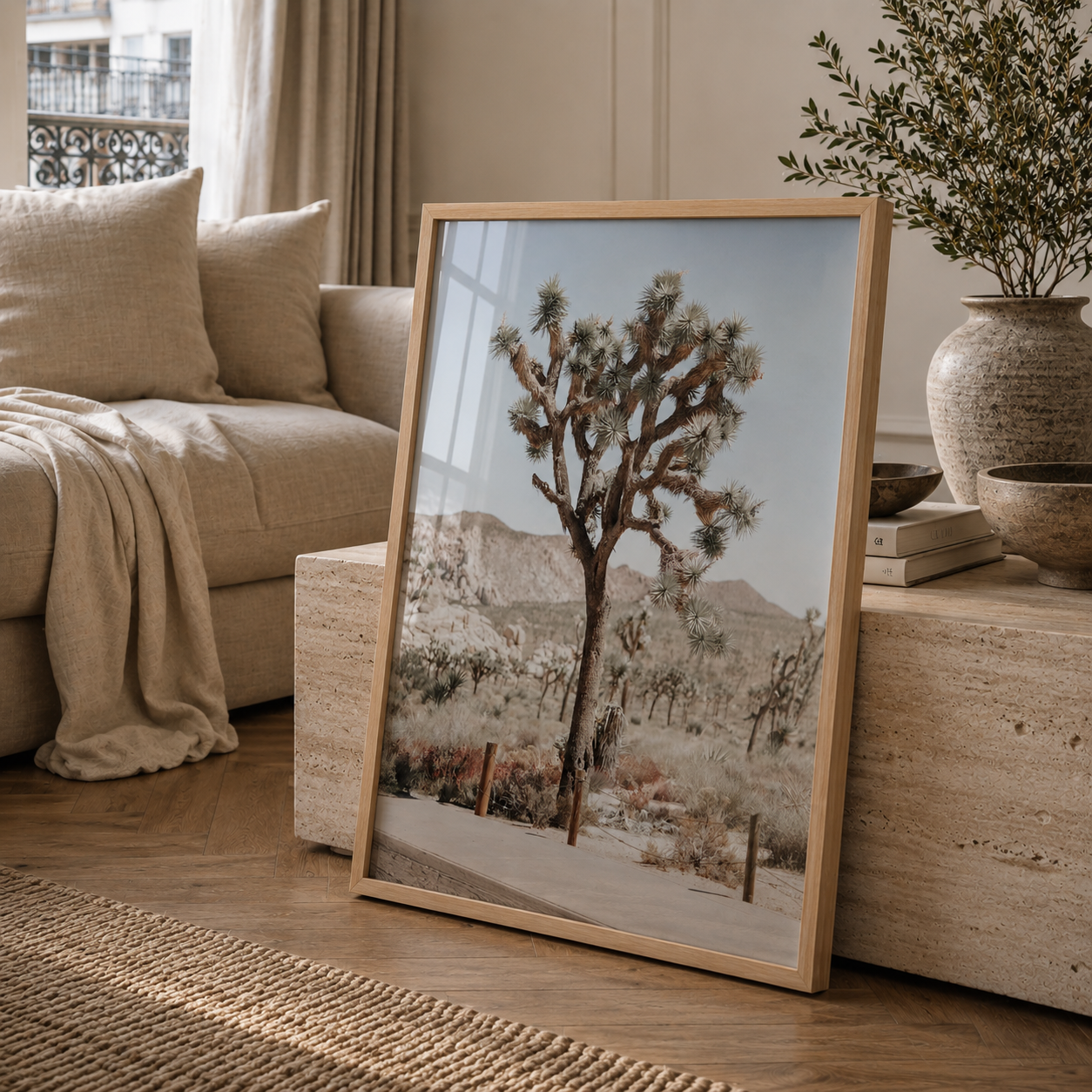 A framed art print depicting a desert landscape with a Joshua tree and mountains, leaning against a stone side table in a cozy living room setting.