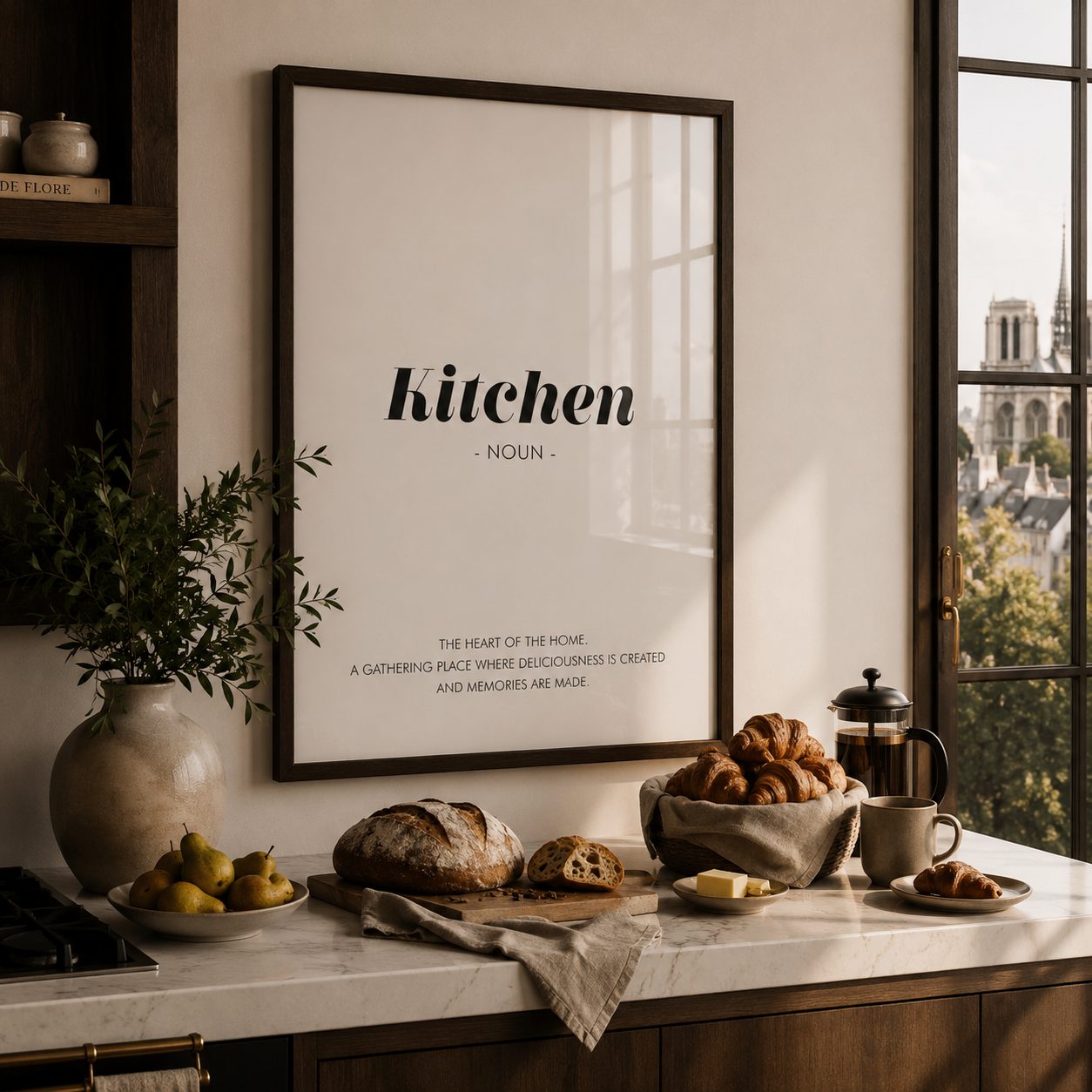 Poster with typography definition of a Kitchen in a dark wood frame