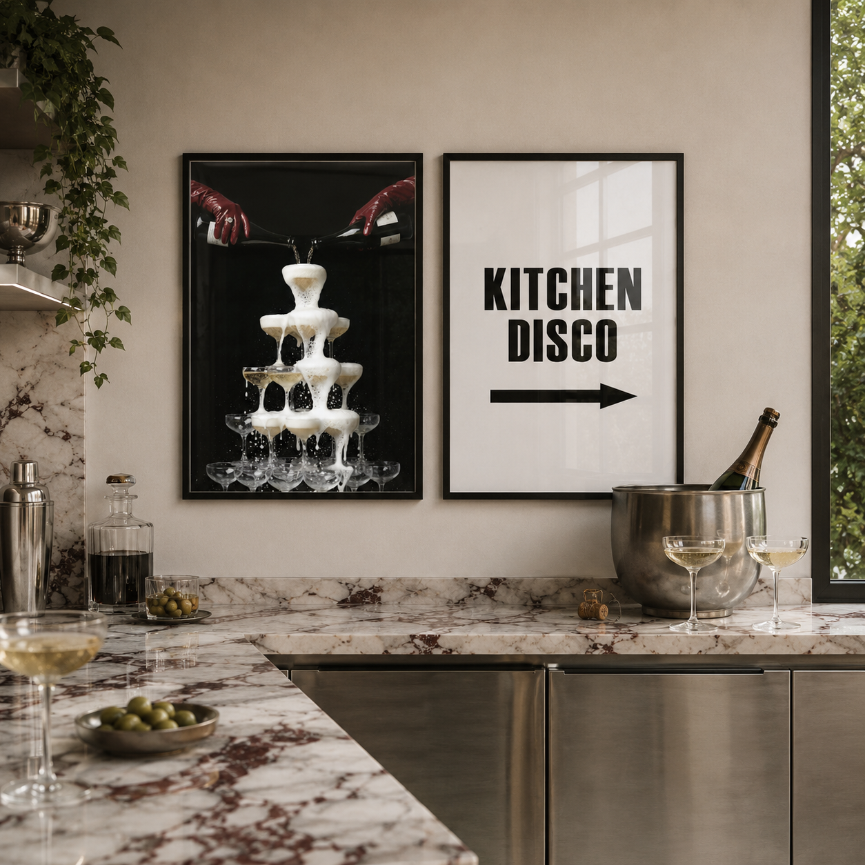 Modern kitchen with marble countertop, wine glasses, and framed art on the wall.