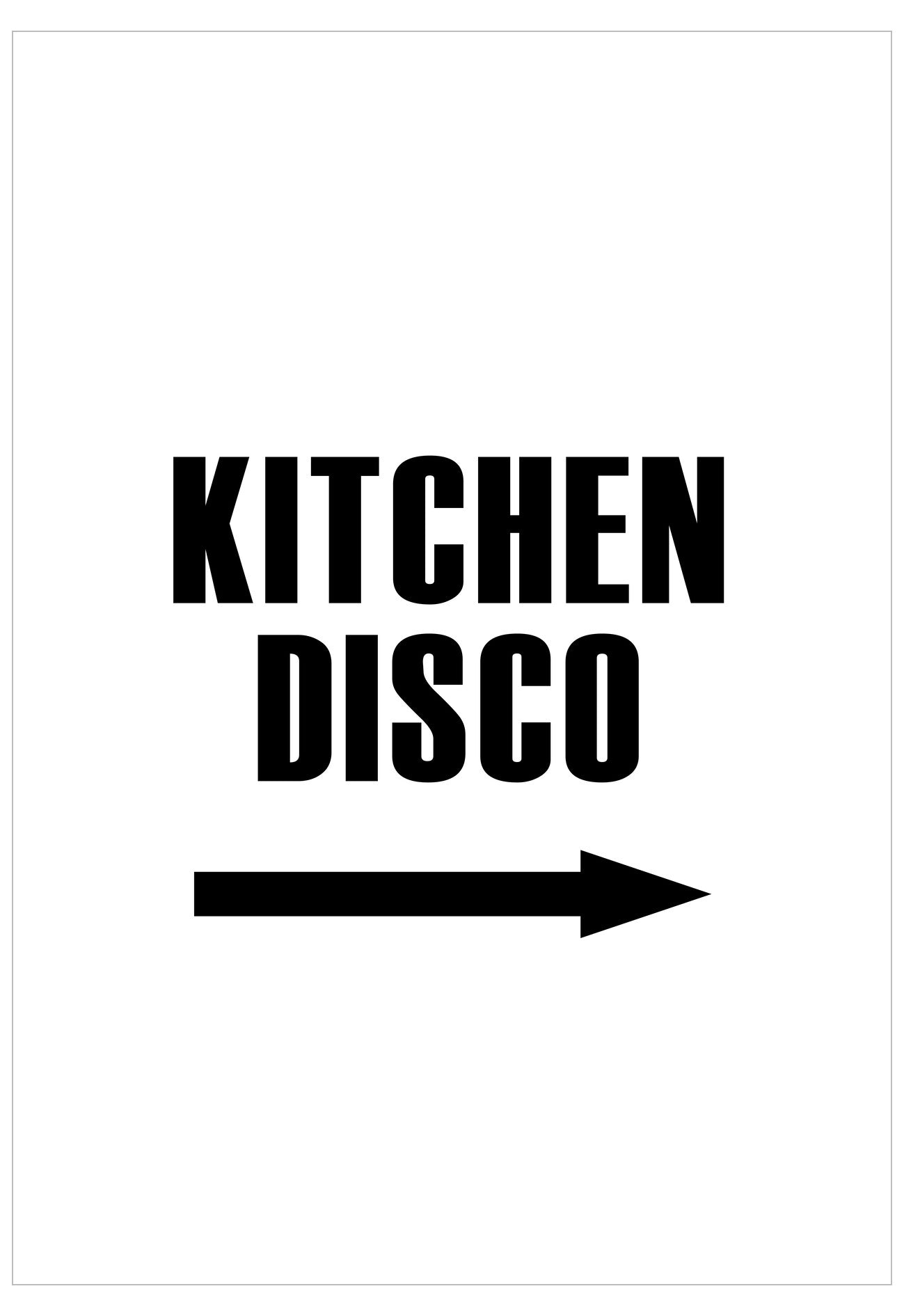 Sign with 'KITCHEN DISCO' text and arrow on a white background