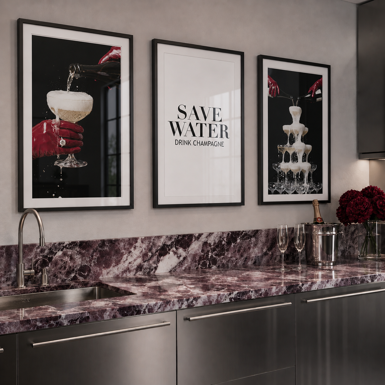 Modern kitchen with marble countertop, wine glasses, and framed art on the wall.