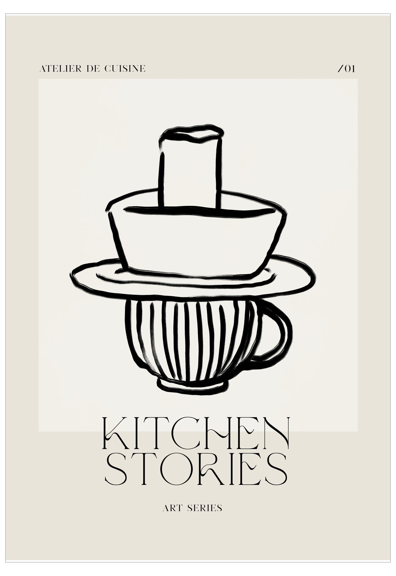 Illustration of a teacup and saucer with a spoon on a beige background, featuring the text 'Kitchen Stories' and 'Atelier de Cuisine'.