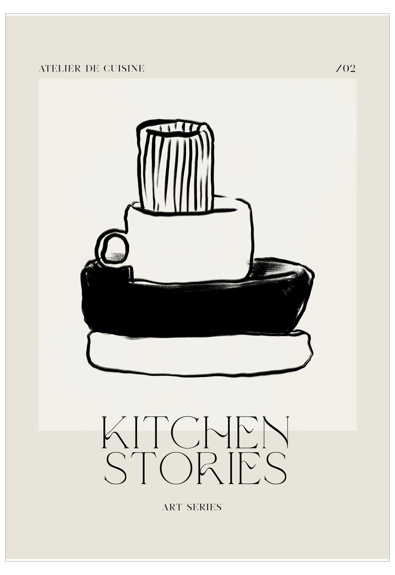 Black and white illustration of kitchenware with 'Kitchen Stories' text on a beige background