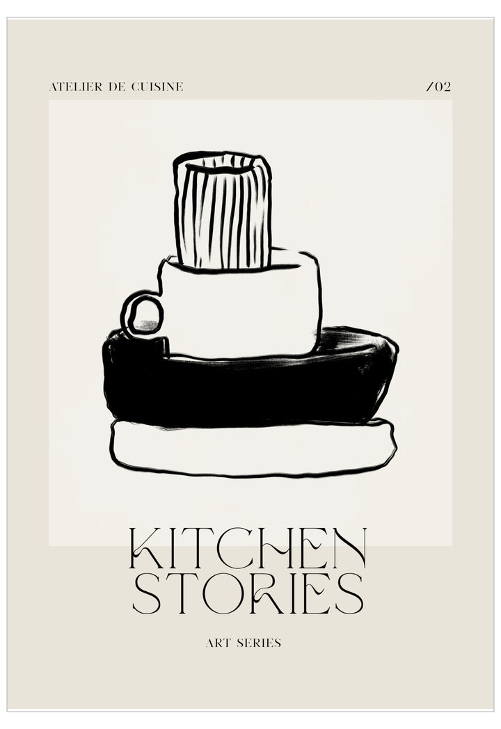Black and white illustration of kitchenware with 'Kitchen Stories' text on a beige background