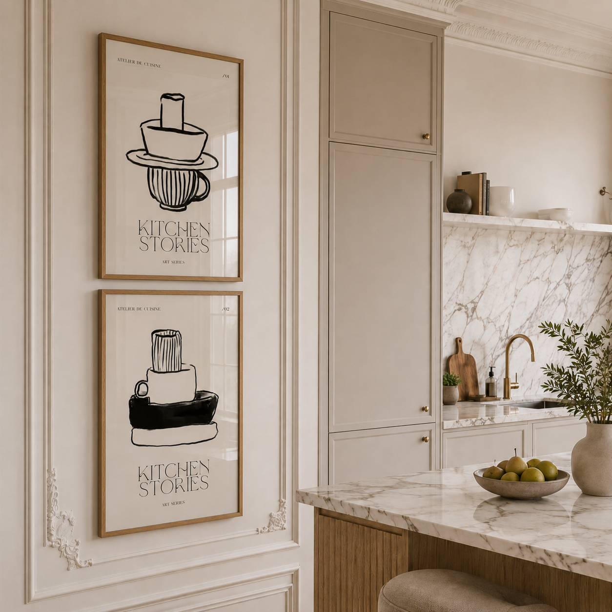 Modern kitchen interior with framed art on the wall and marble countertop.