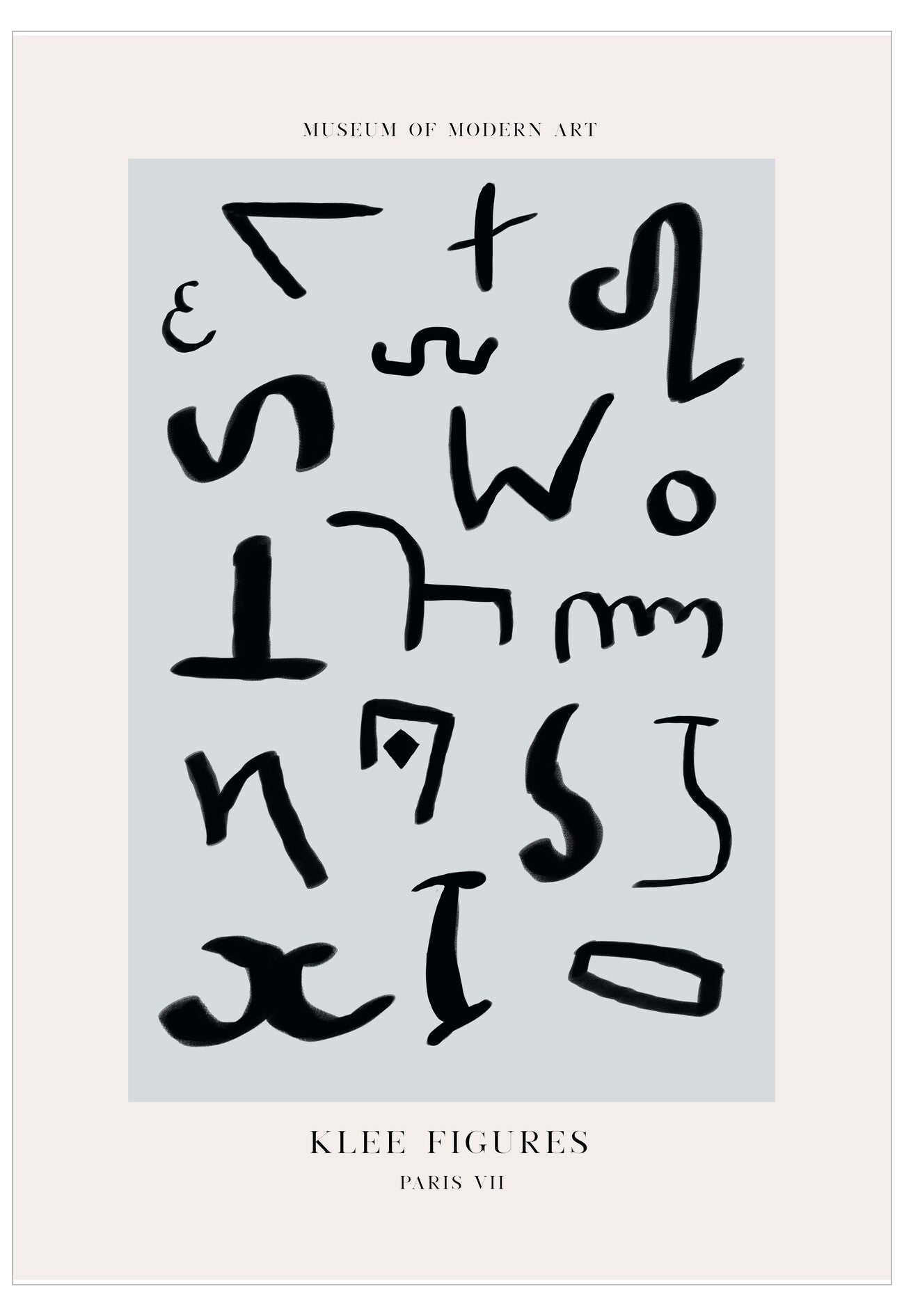 Poster of Klee Figures by Museum of Modern Art with abstract black shapes on a light blue background.