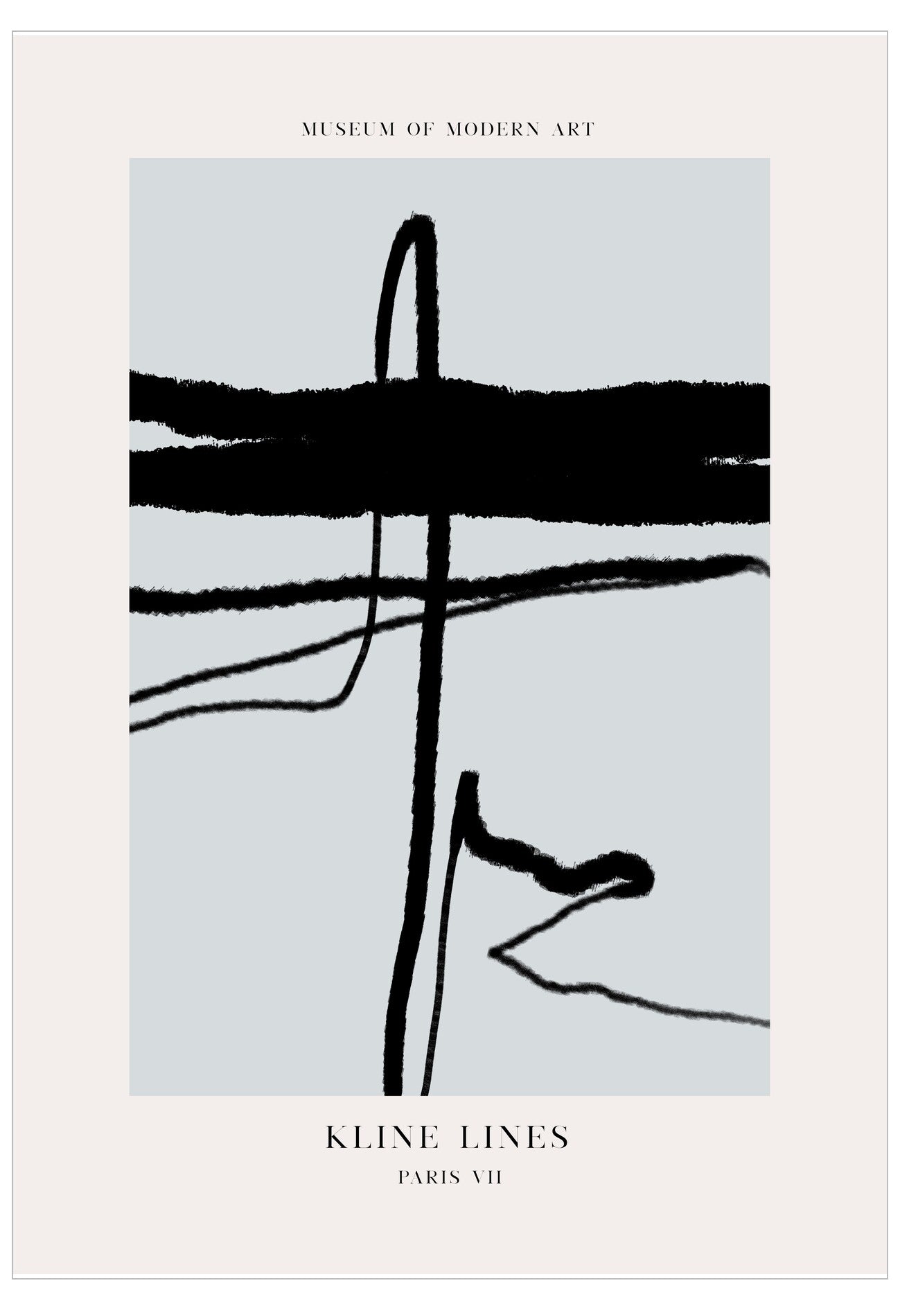 Abstract art print with black lines on a light blue background, featuring 'Museum of Modern Art' and 'Kline Lines Paris VII'.