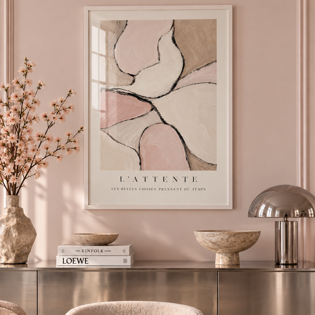 L’Attente Poster featuring textured organic abstract forms in blush pink, ivory and taupe with black linework and the French phrase “Les belles choses prennent du temps.”
