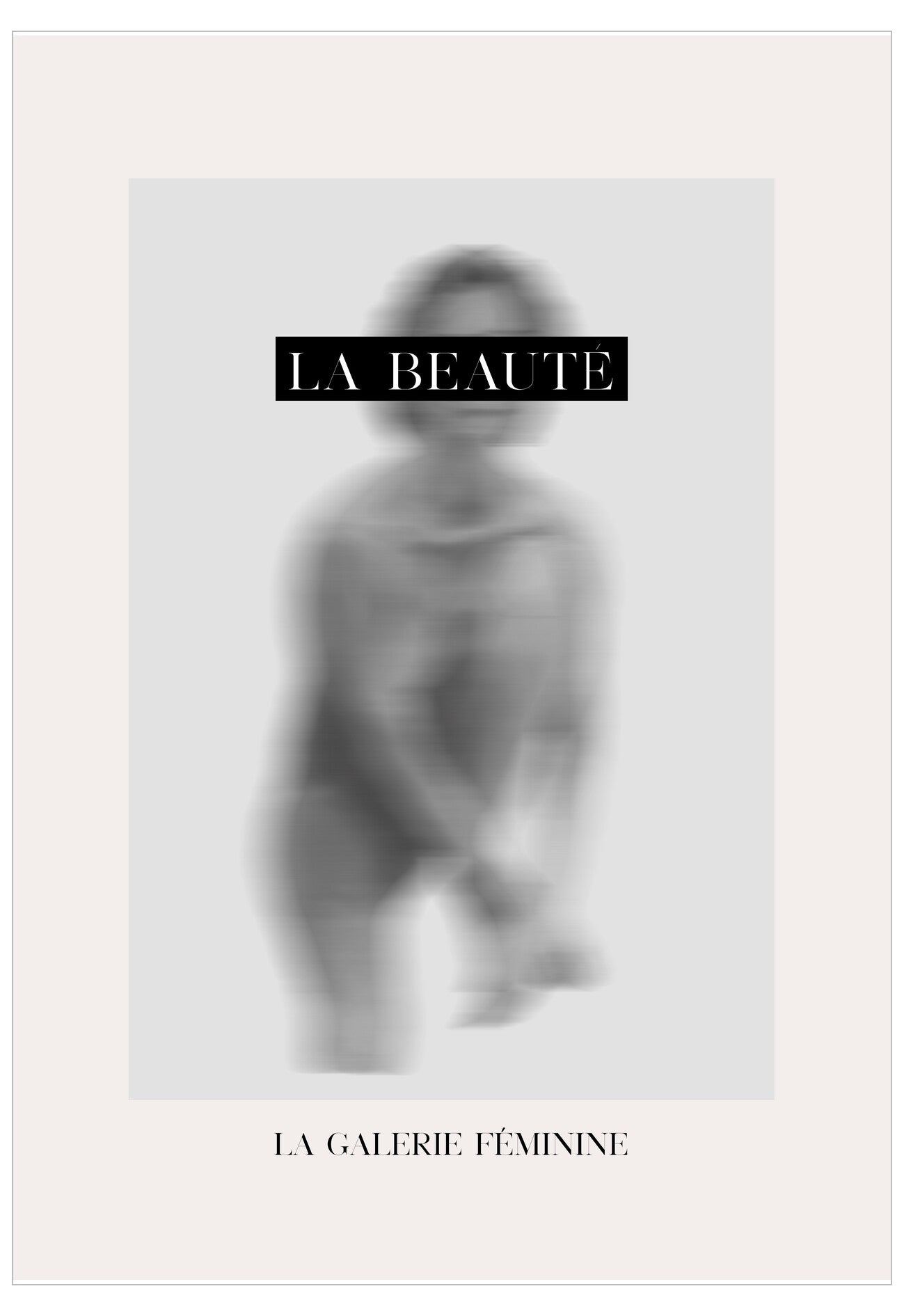 Blurred image of a person with 'LA BEAUTE' text above and 'LA GALERIE FEMININE' text below on a light gray background.