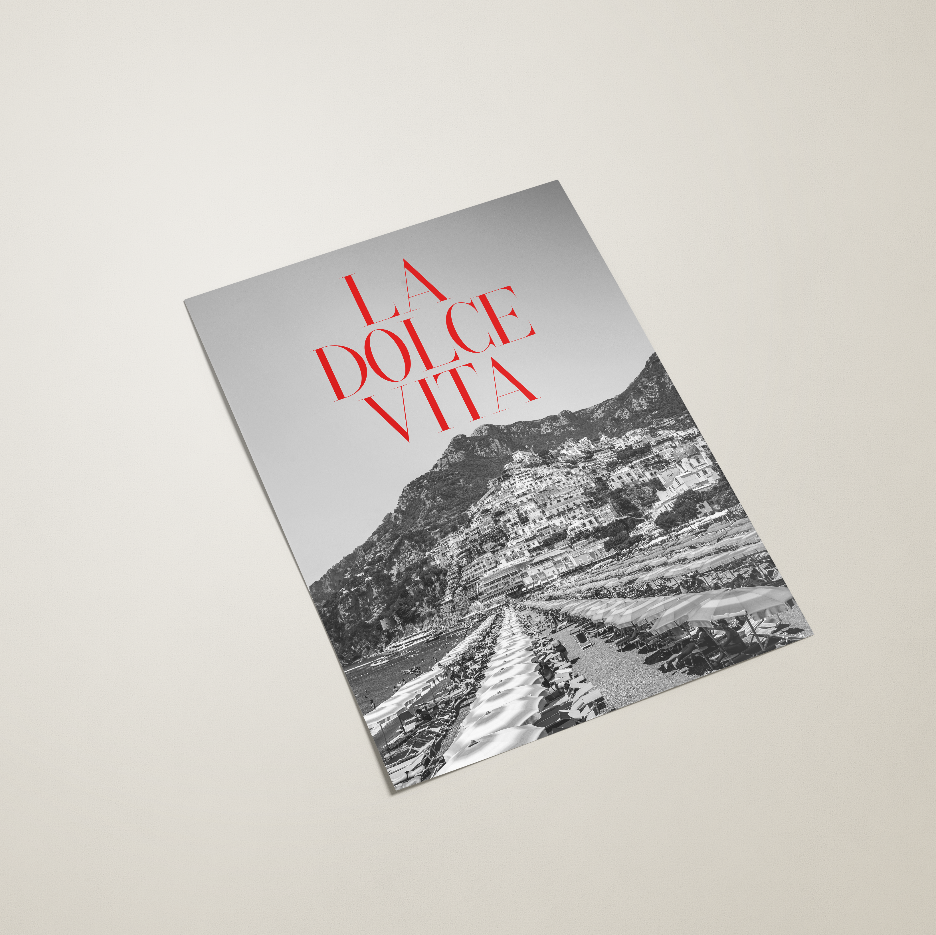 poster titled 'La Dolce Vita' with a mountain landscape on the cover against a light gray background
