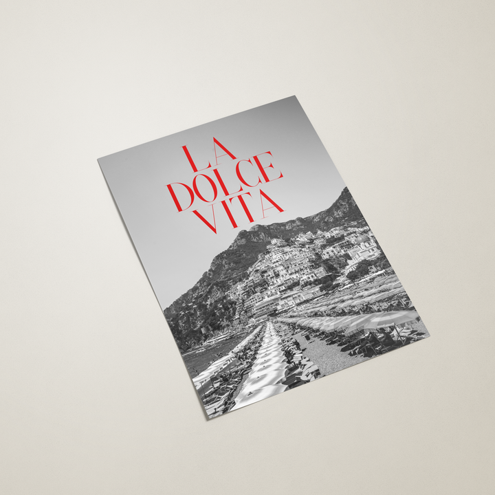 poster titled 'La Dolce Vita' with a mountain landscape on the cover against a light gray background