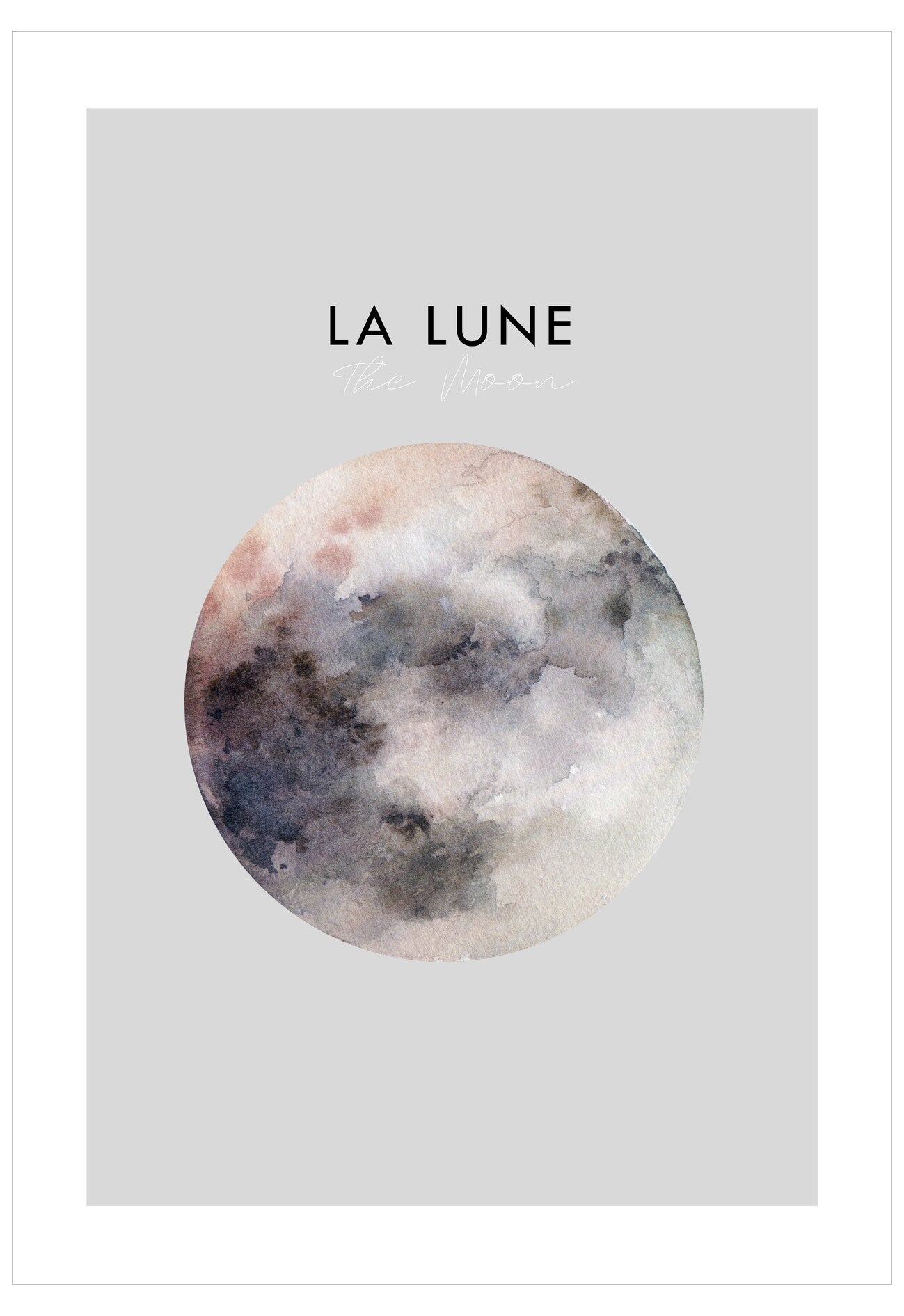Poster of a moon with 'La Lune' text on a light gray background