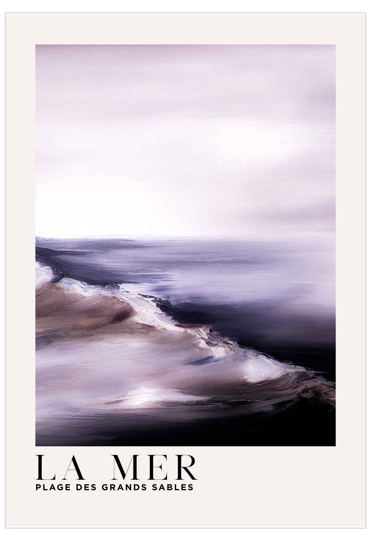 Artistic depiction of a beach scene with 'La Mer' text at the bottom.