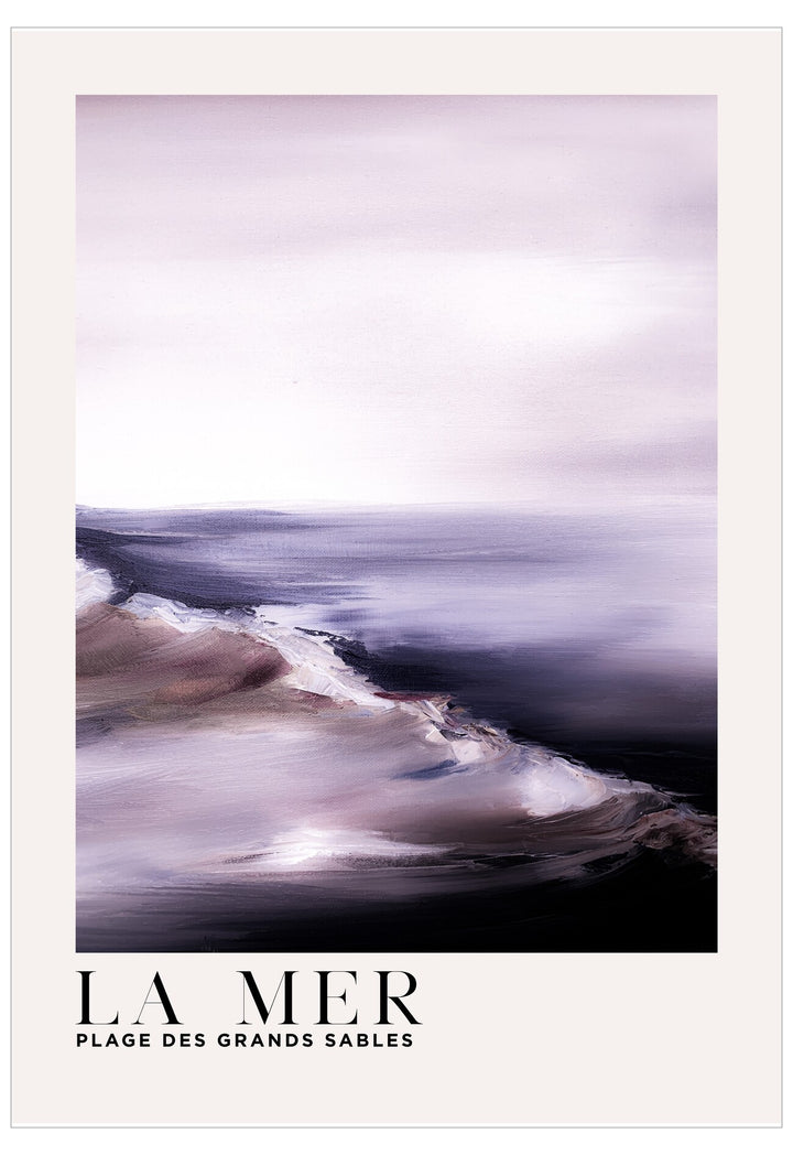 Artistic depiction of a beach scene with 'La Mer' text at the bottom.