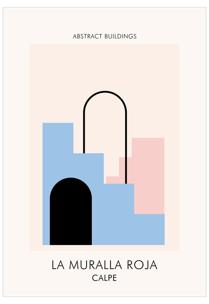 Abstract architectural design with colorful buildings on a beige background, featuring the text 'La Muralla Roja Calpe'.