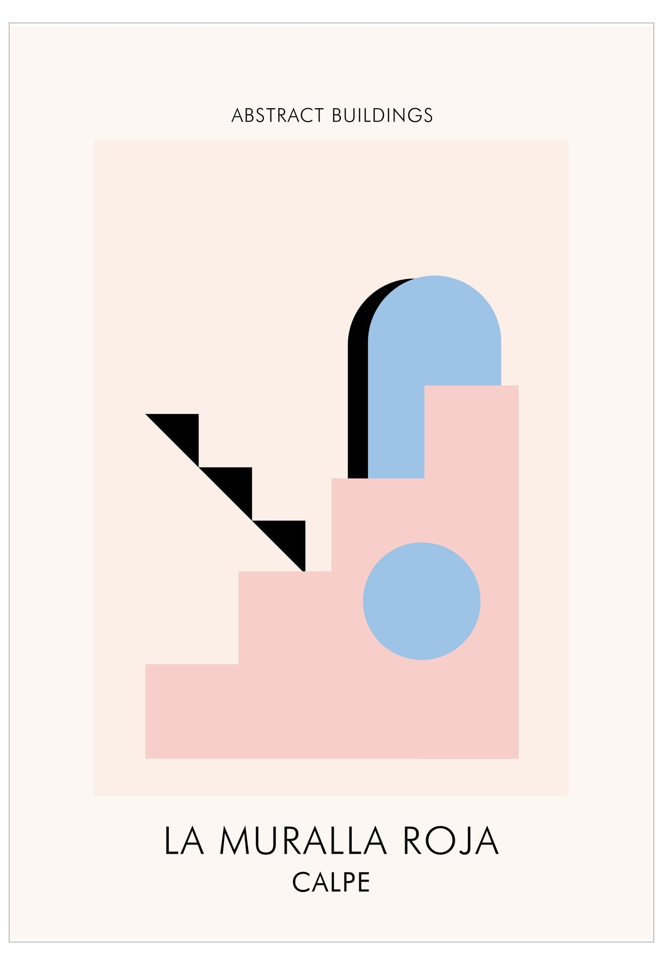 Abstract geometric design with shapes in black, pink, and blue on a beige background, featuring text 'La Muralla Roja Calpe'.