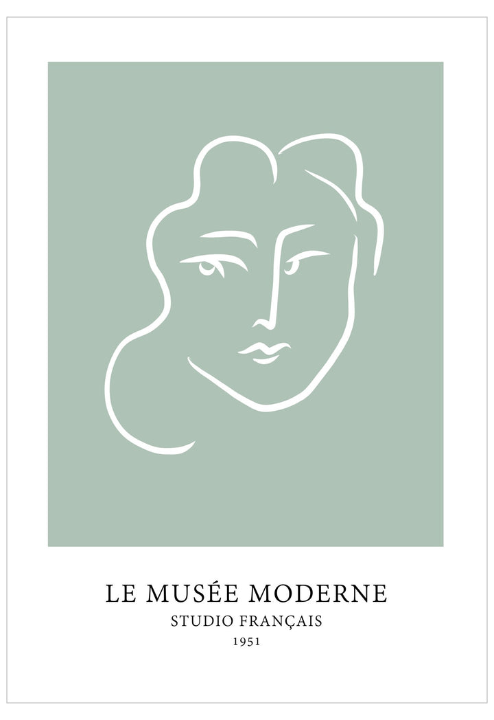 Poster with abstract line drawing of a face on a light green background, featuring 'Le Musée Moderne Studio Français' text.