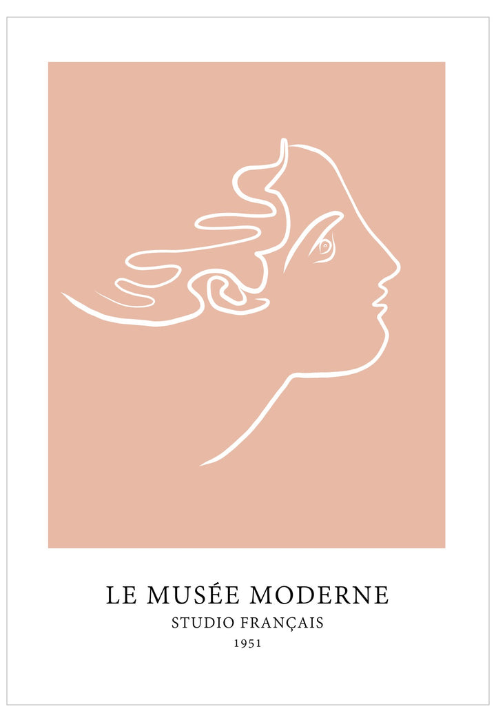 Minimalist line art of a profiled face on a peach background with 'Le Musée Moderne' text.