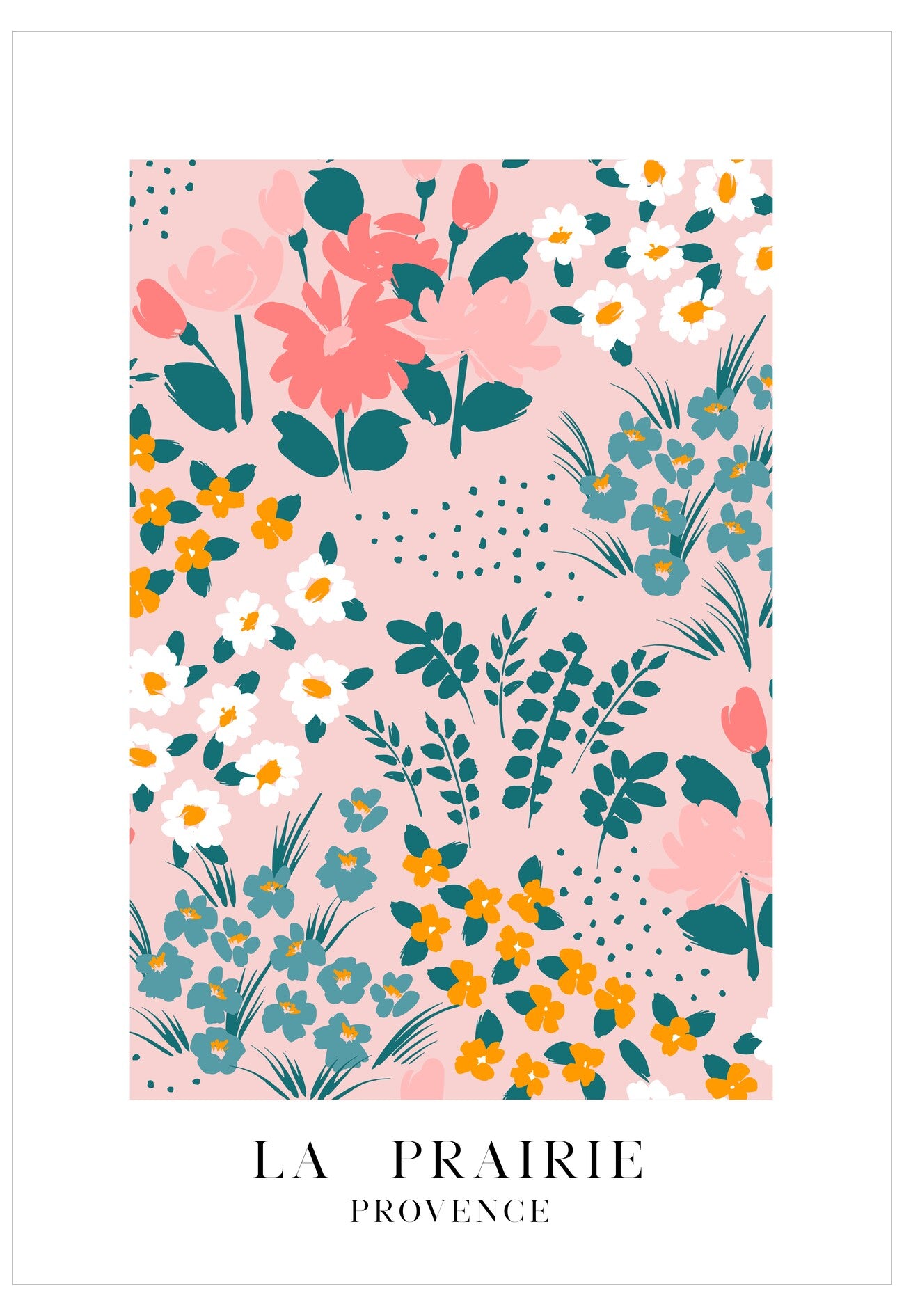 Floral pattern with 'La Prairie Provence' text on a pink background