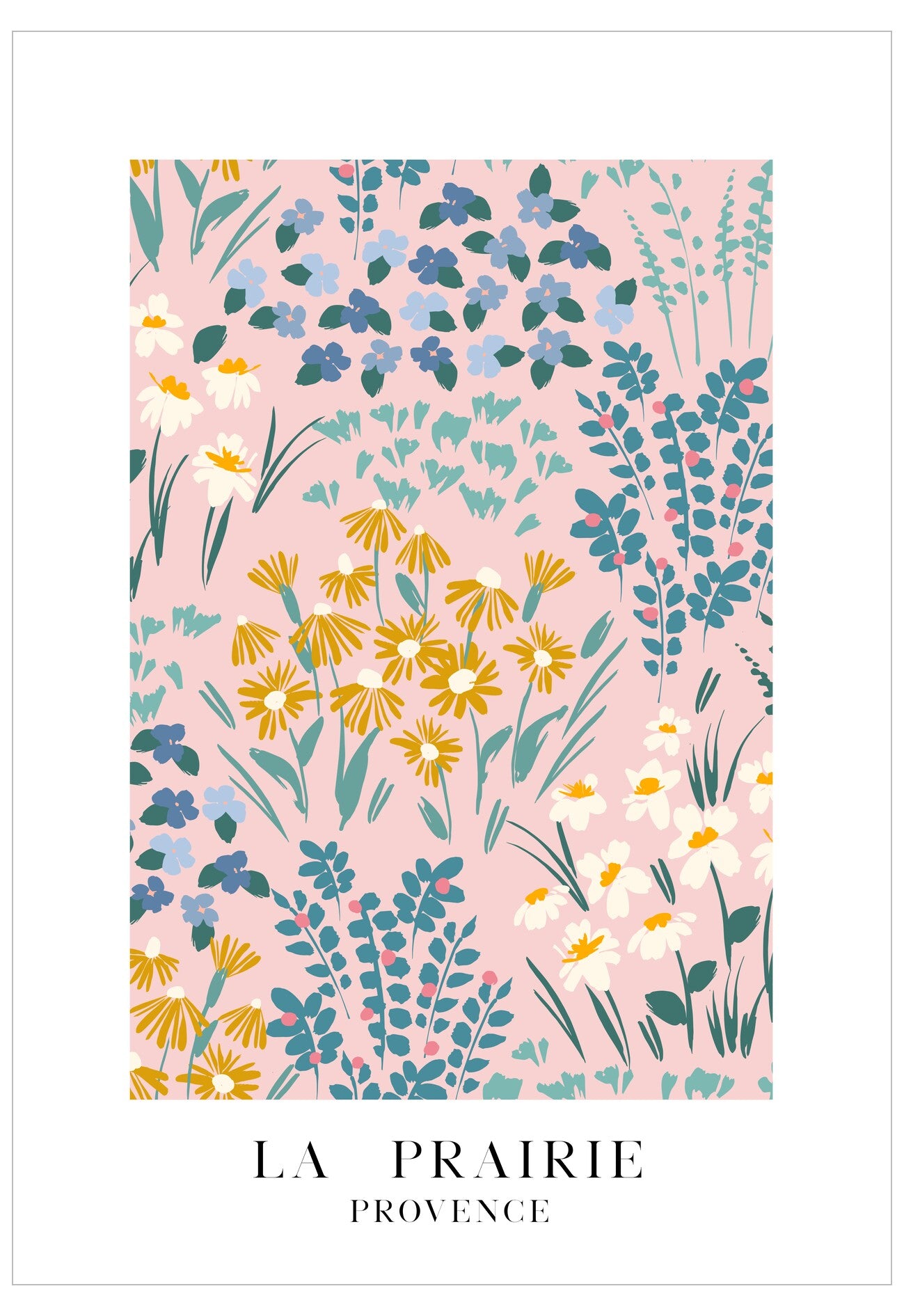 Floral pattern with 'La Prairie Provence' text on a pink background
