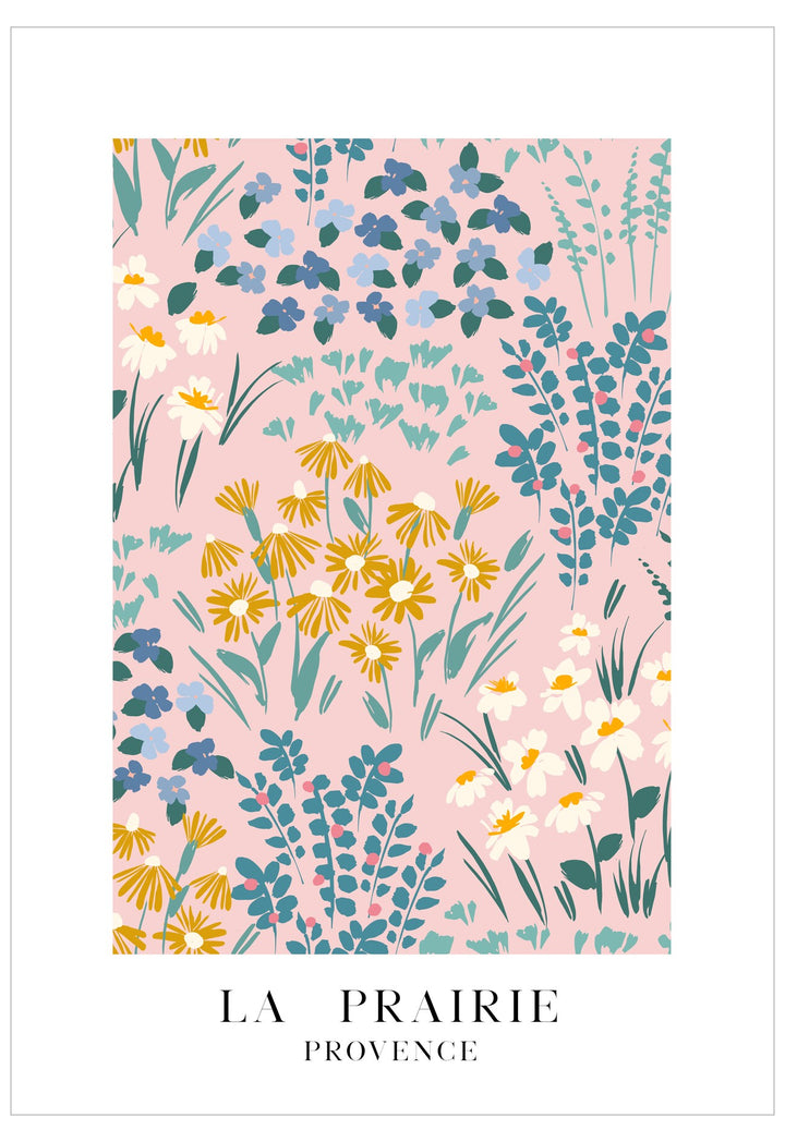 Floral pattern with 'La Prairie Provence' text on a pink background