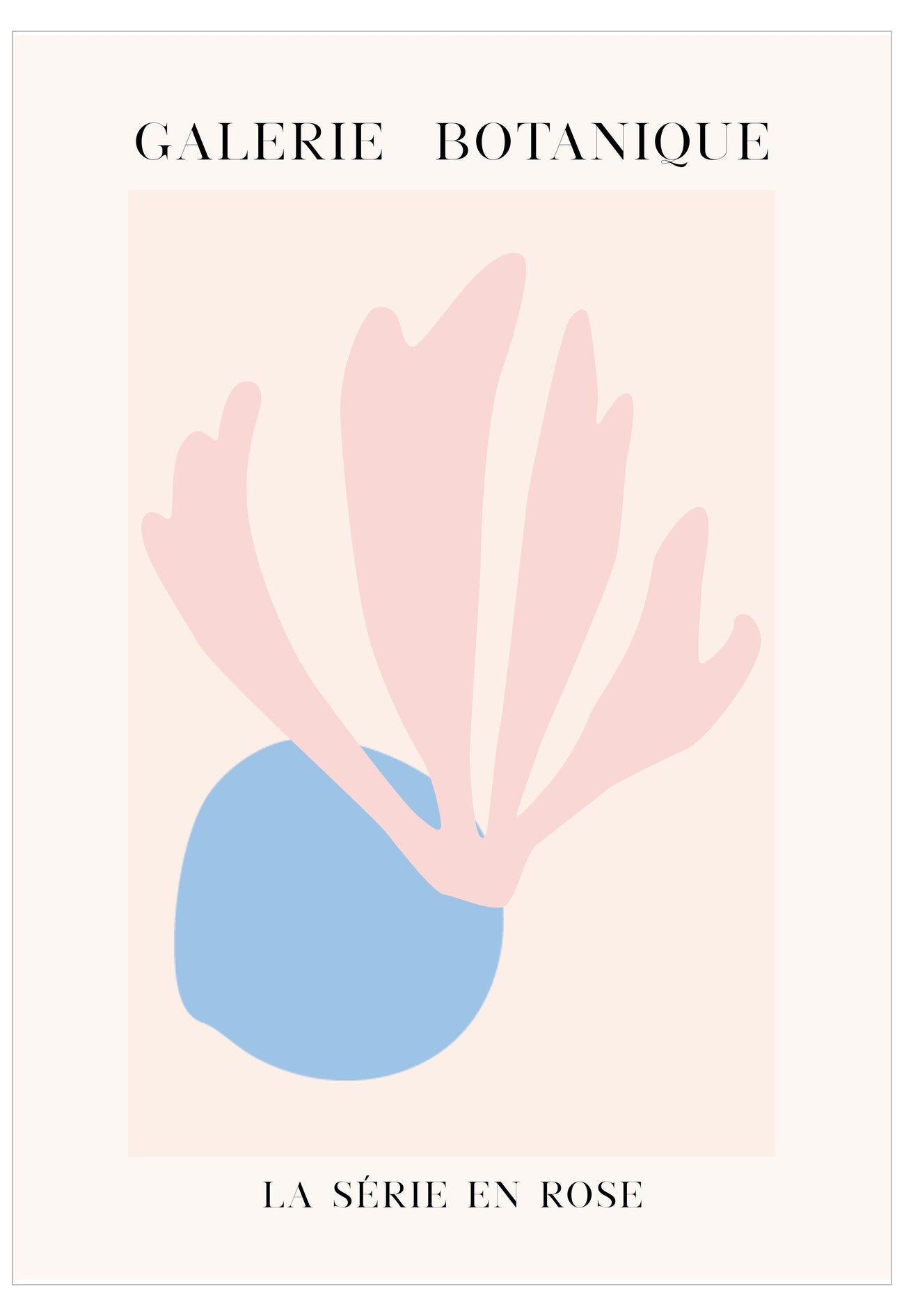 Galerie Botanique poster with pink plant-like design and blue circle on a light pink background
