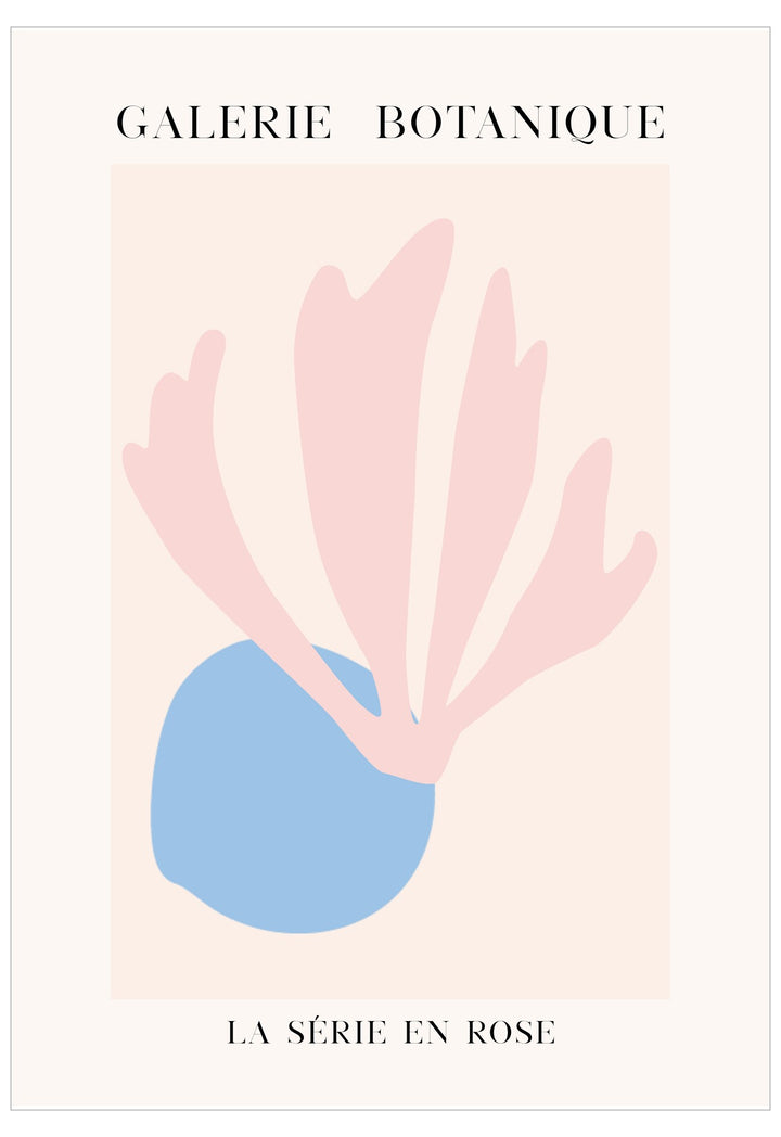 Galerie Botanique poster with pink plant-like design and blue circle on a light pink background