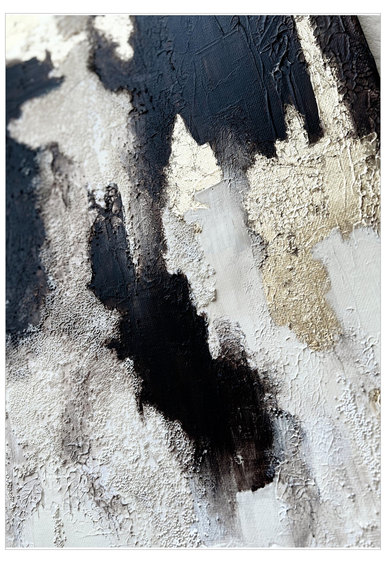 Abstract art with textured brush strokes in black, white, and beige.