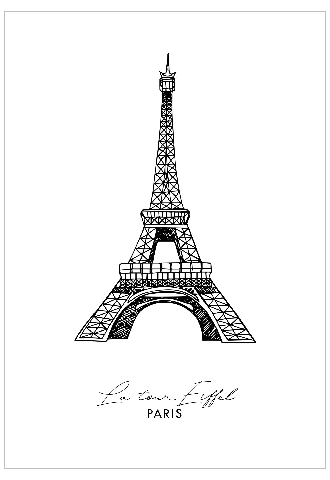Black and white illustration of the Eiffel Tower with 'La tour Eiffel Paris' text on a white background