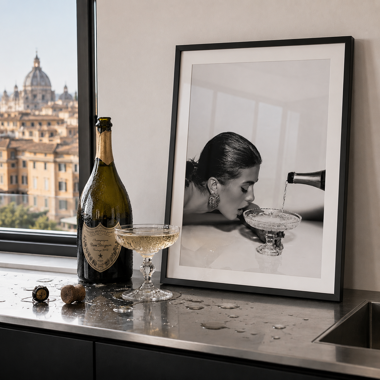 Large bottle of expensive champagne next to champagne black and white kitchen wall art in modern kitchen