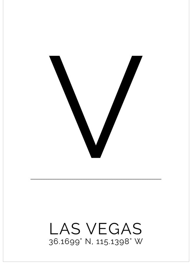 Letter 'V' with coordinates for Las Vegas on a white background