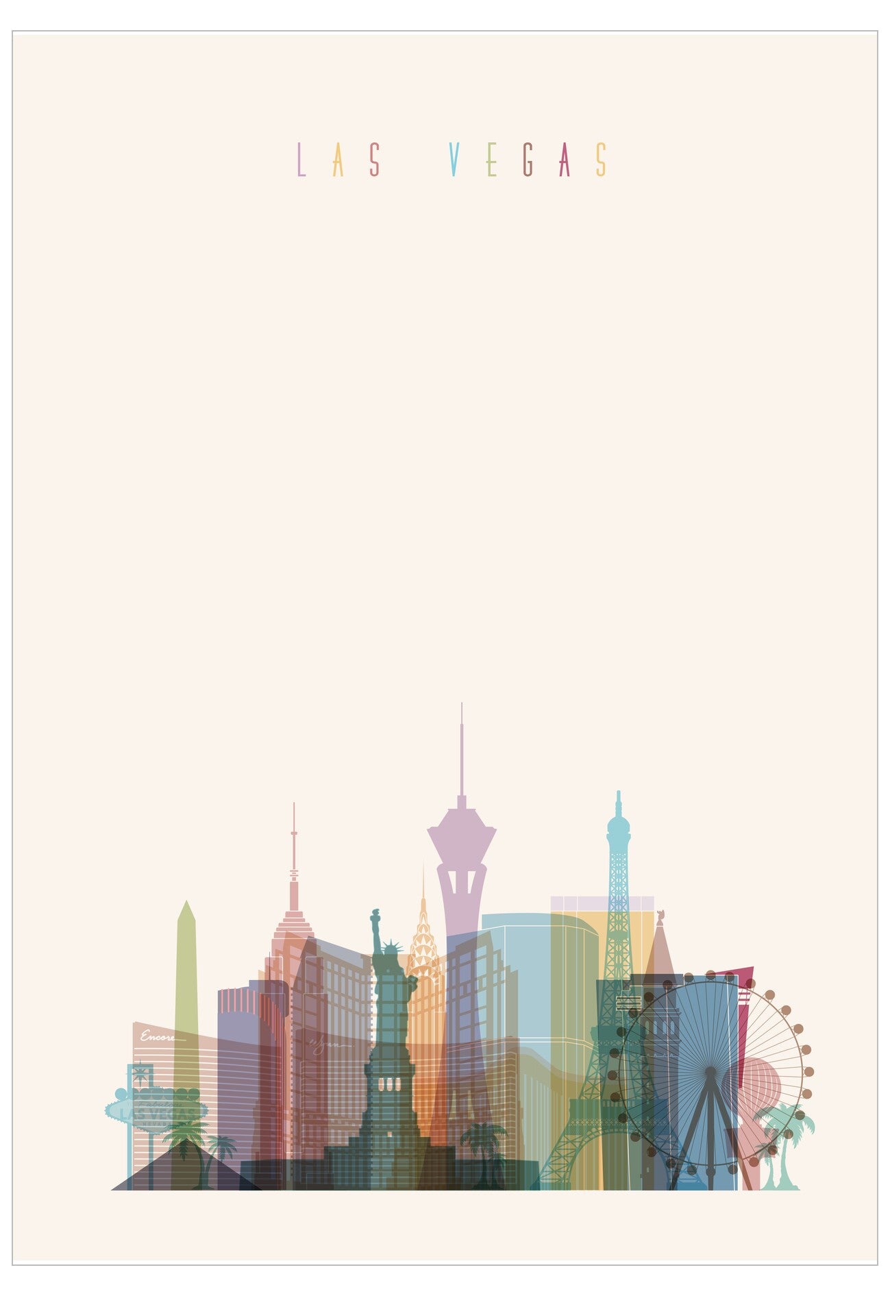 Colorful skyline of Las Vegas with text on a white background