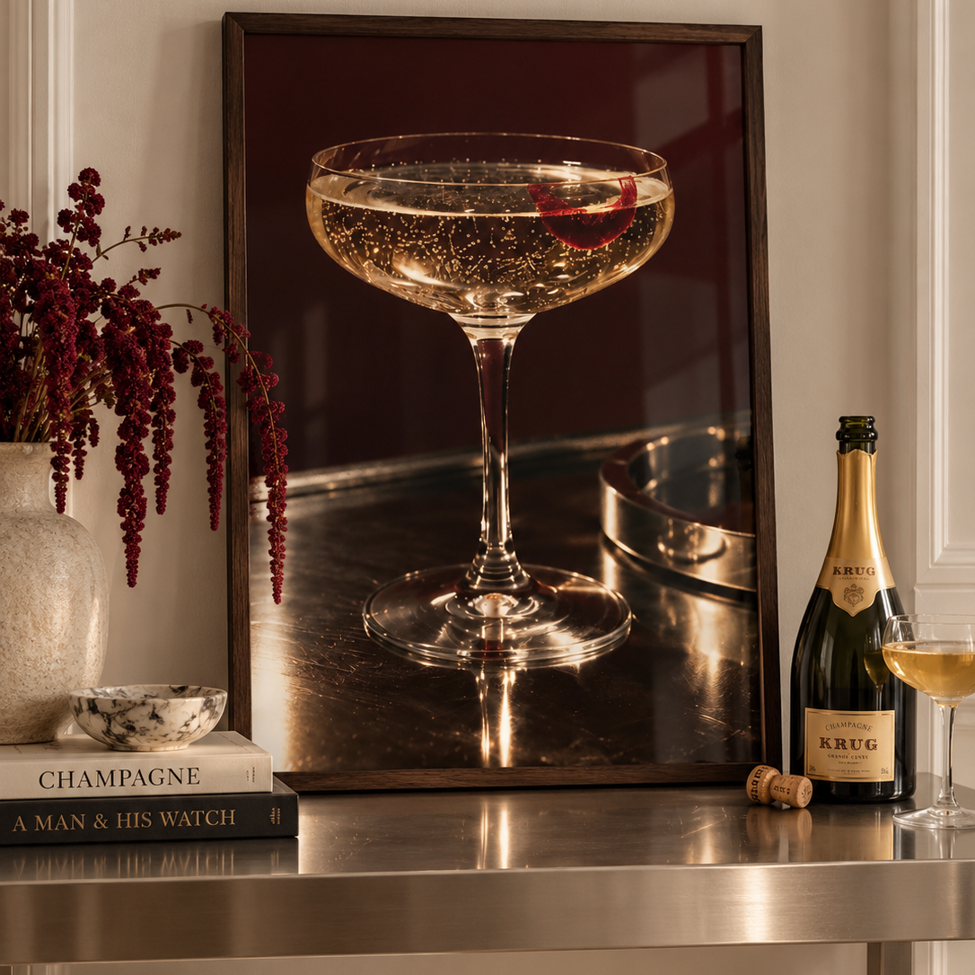 A coupe glass filled with a bubbly golden cocktail, garnished with a red citrus slice, set on a dark bar surface with a metal tray in the background.