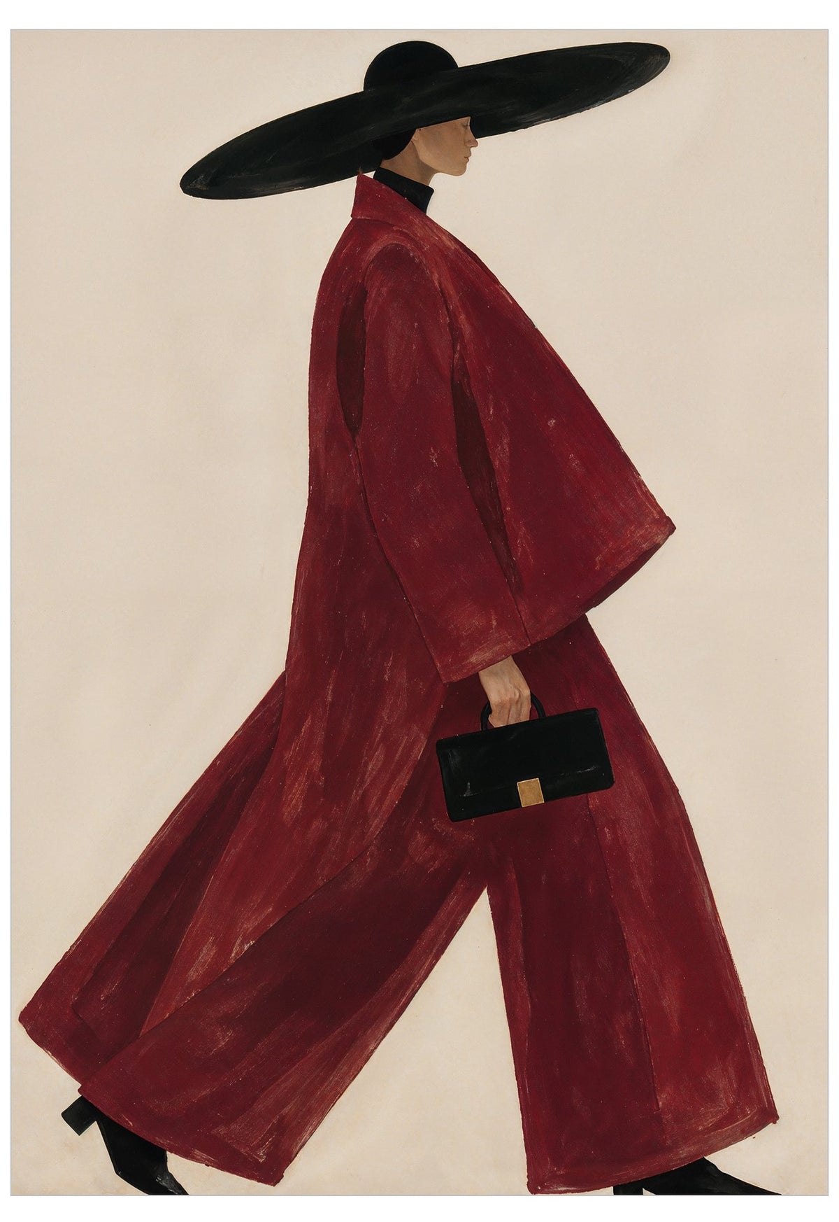 Illustration of a woman in a deep red suit and oversized black hat strides confidently across the frame, embodying Scandinavian luxury through bold minimalism.