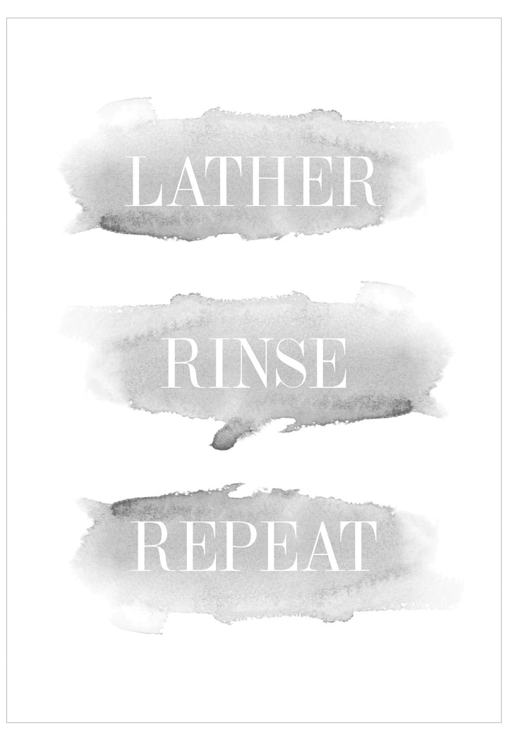Text 'LATHER RINSE REPEAT' with watercolor texture on a white background
