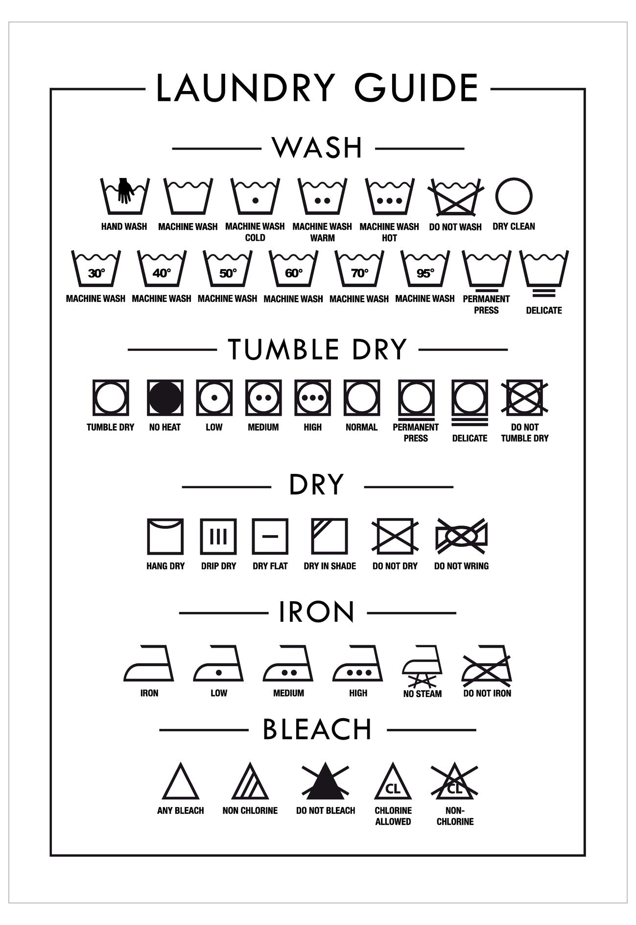 Laundry care symbols chart with washing, drying, ironing, and bleaching instructions.