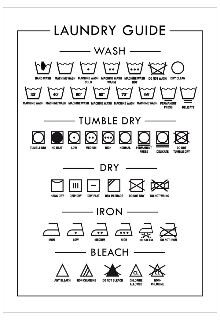 Laundry care symbols chart with washing, drying, ironing, and bleaching instructions.