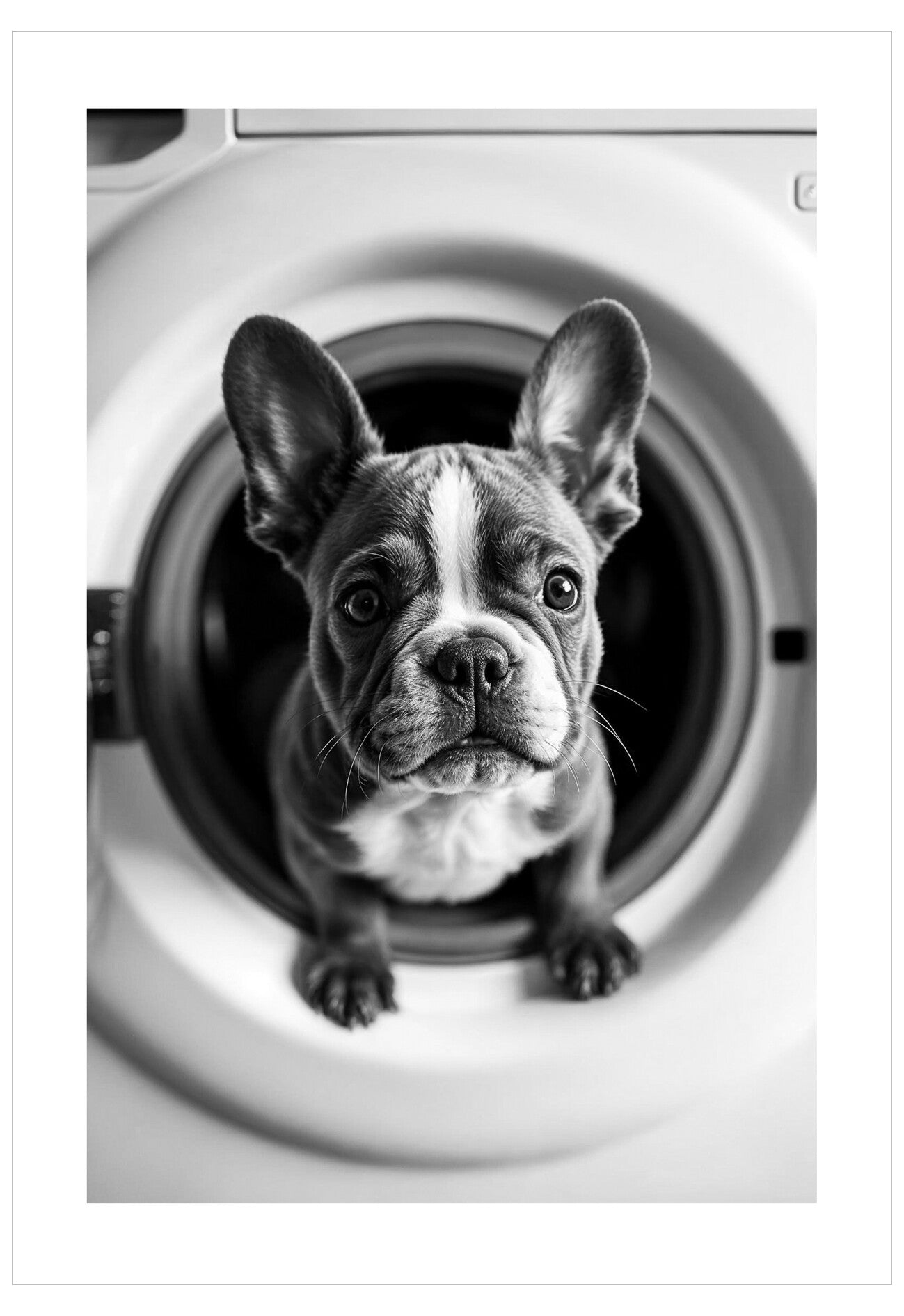 Dog inside a washing machine with a black and white filter